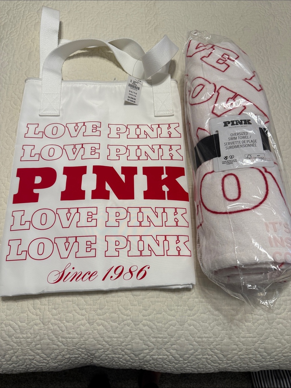 PINK White Tote with Pink Logo Beach Towel set